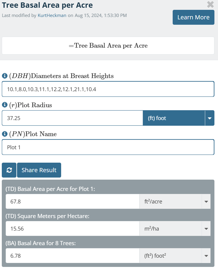 Basal Area per Acre Calc 